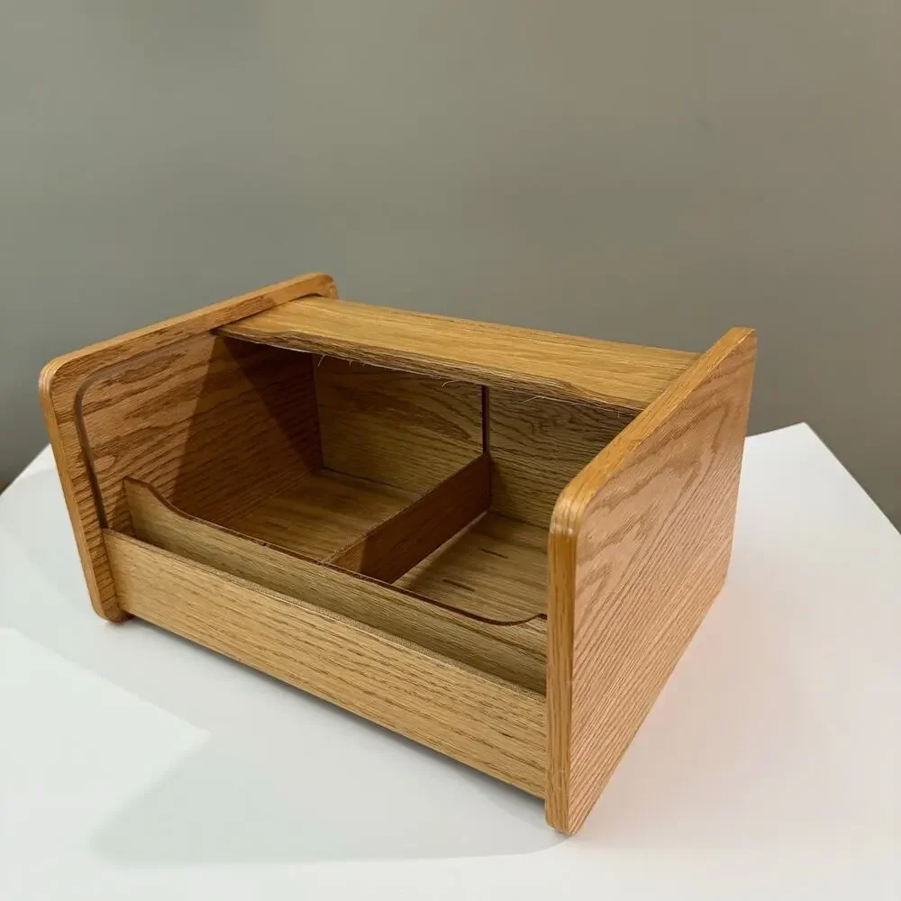 Wood Box Roll Top Tambour Door 14 x 9 x 6 Organize Cubby Sliding Oak Storage